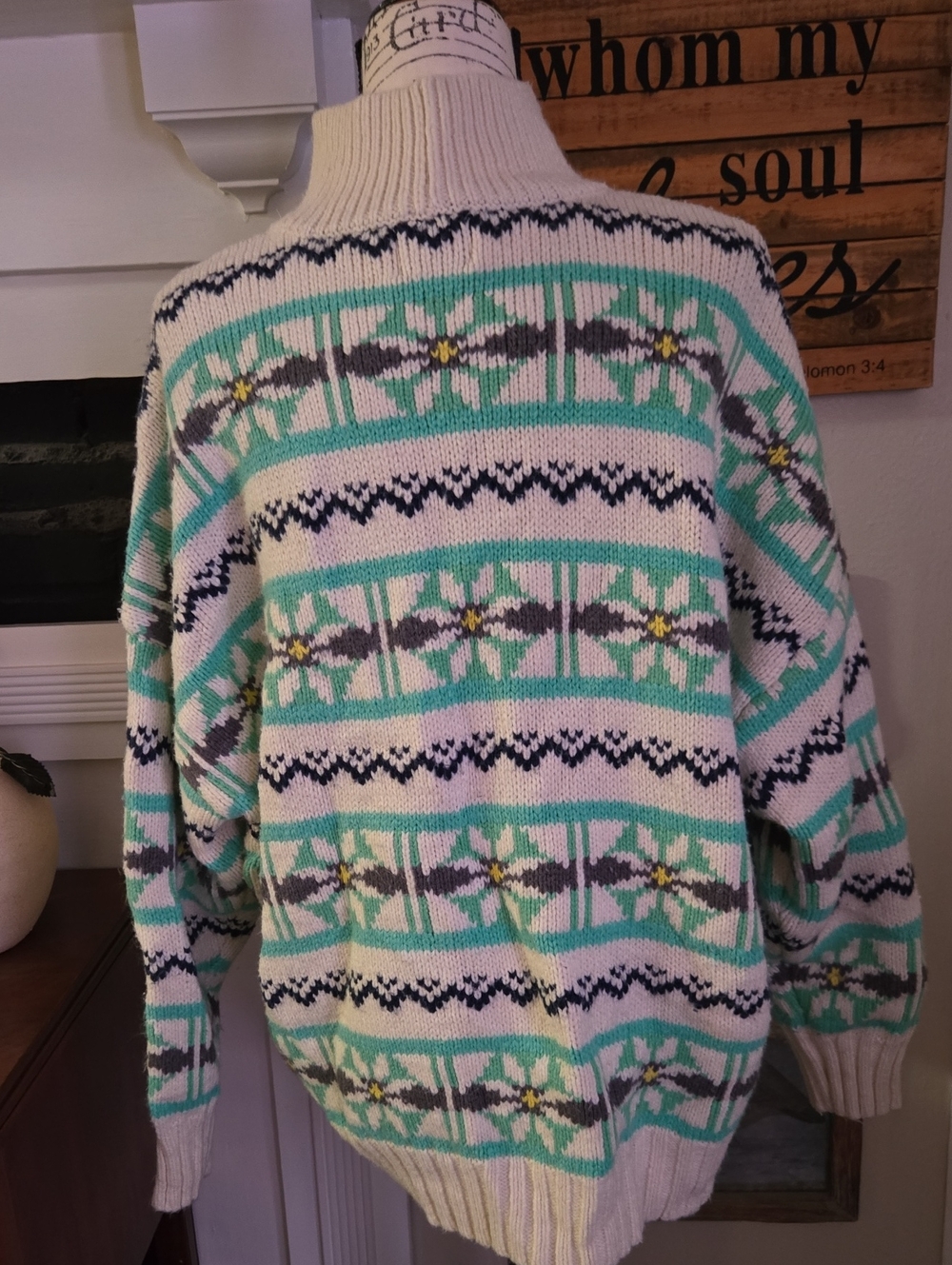 America Eagle 1990's Turtleneck Fair Isle Sweater - Ivory & Mint - Picture 4 of 6